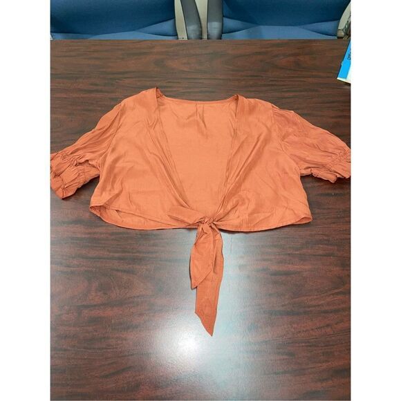 Shein Tie Front Crop Top with Ballon Sleeves in Rust - Picture 1 of 3